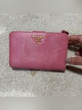 Prada Pink Textured Leather Zip-Around Wallet with Gold Logo